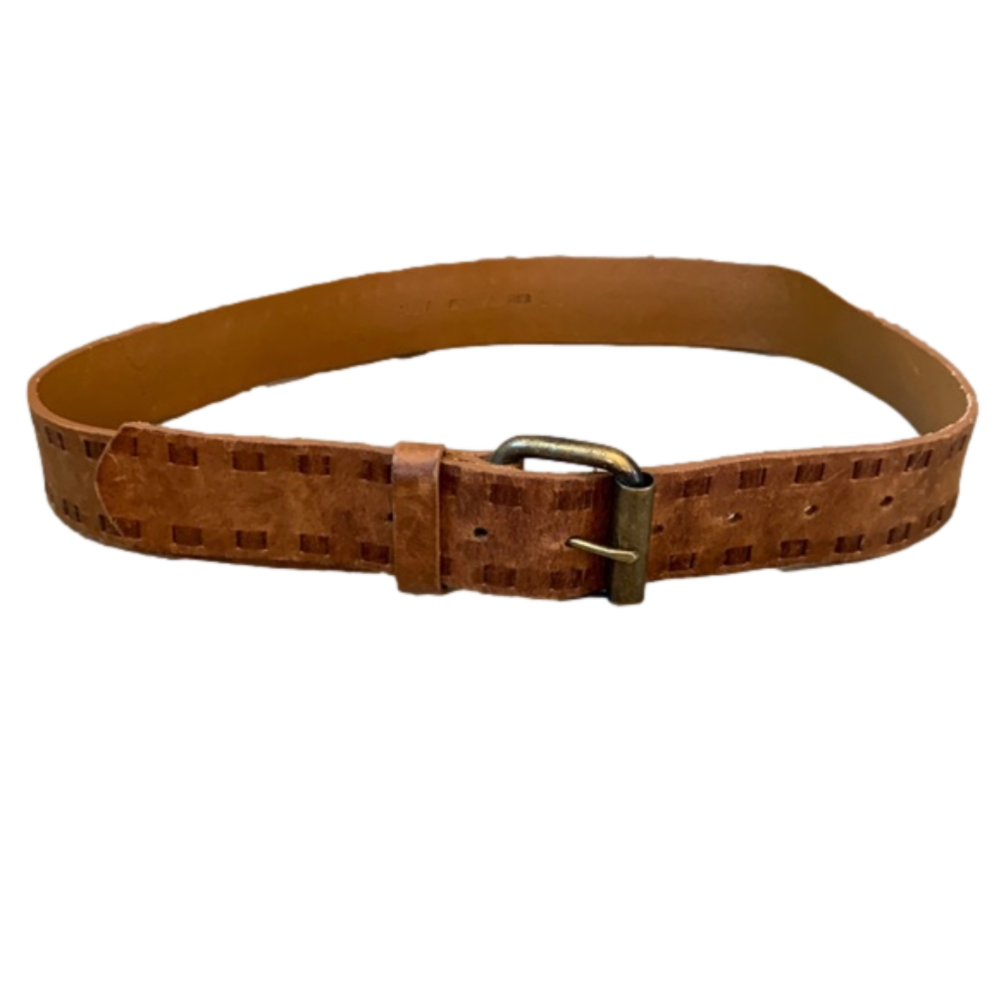 Brown leather sz L belt with brass look buckle